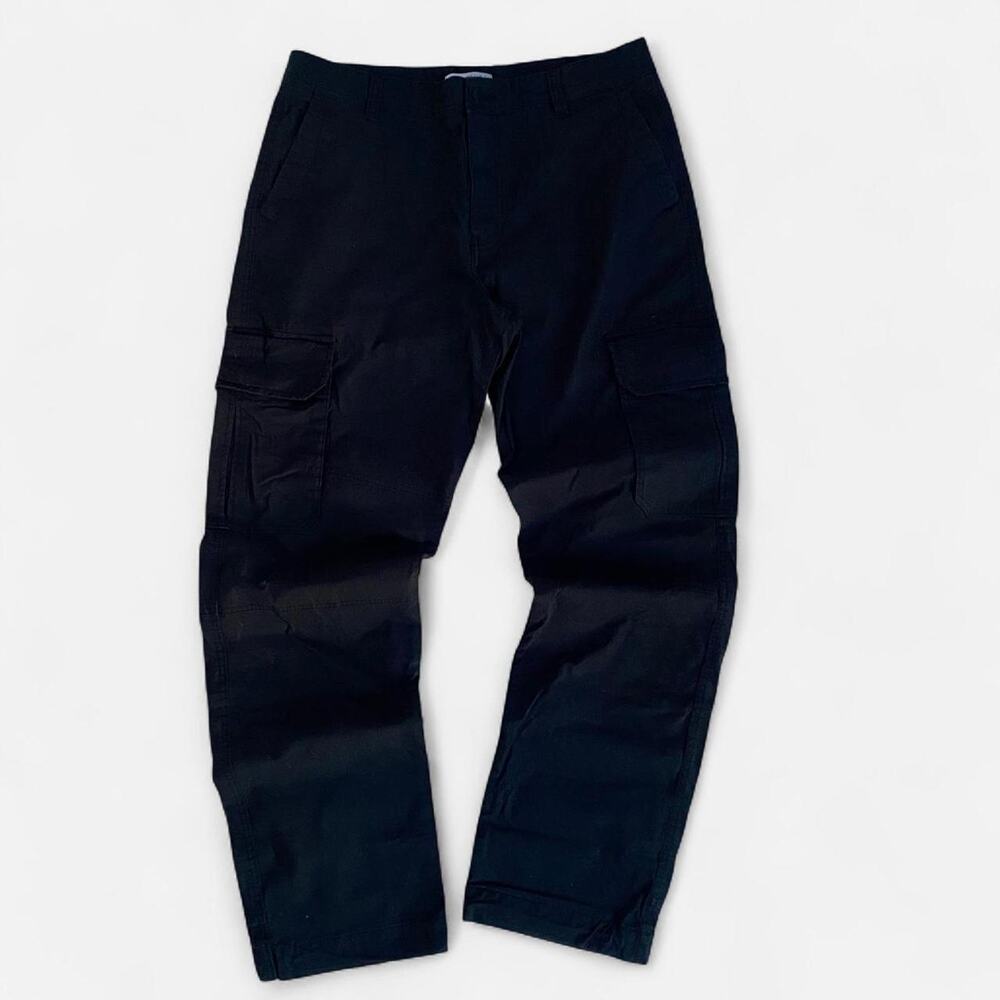 Black cargo pants, straight leg, and relaxed fit